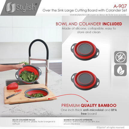 AZUNI 16 inch Kitchen Sink Bamboo Cutting Board with Colander and Bowl Set  A-907 - Plumbing Market