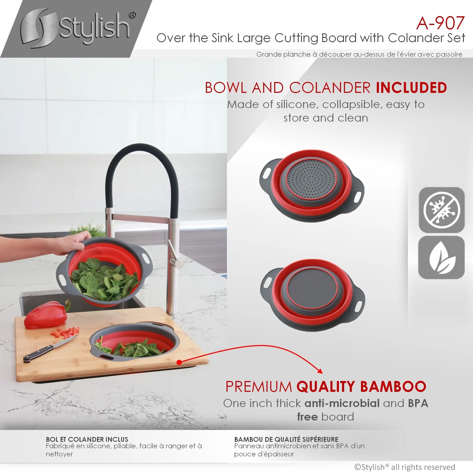 AZUNI 16 inch Kitchen Sink Bamboo Cutting Board with Colander and Bowl Set  A-907 - Plumbing Market