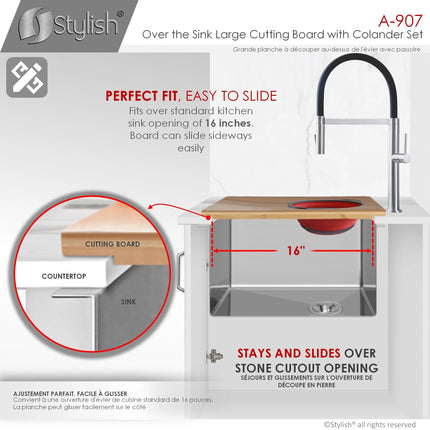 AZUNI 16 inch Kitchen Sink Bamboo Cutting Board with Colander and Bowl Set  A-907 - Plumbing Market