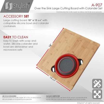AZUNI 16 inch Kitchen Sink Bamboo Cutting Board with Colander and Bowl Set  A-907 - Plumbing Market