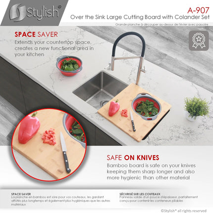 AZUNI 16 inch Kitchen Sink Bamboo Cutting Board with Colander and Bowl Set  A-907 - Plumbing Market