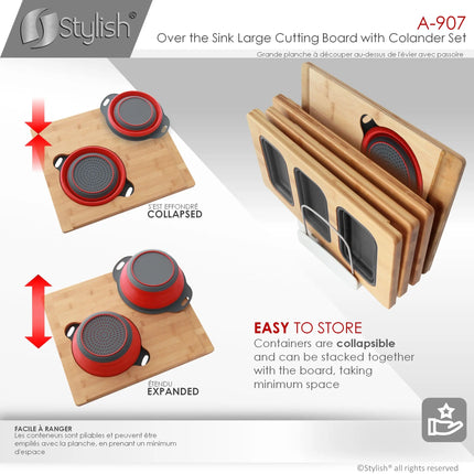 AZUNI 16 inch Kitchen Sink Bamboo Cutting Board with Colander and Bowl Set  A-907 - Plumbing Market