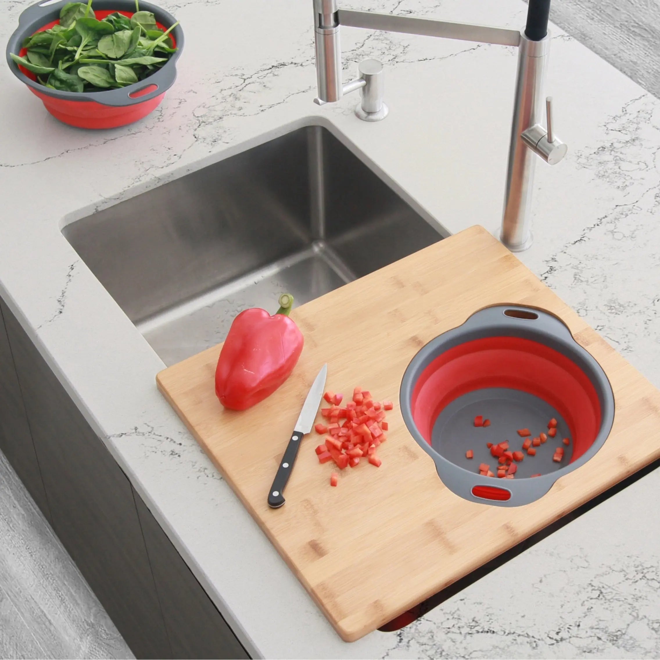 AZUNI 16 inch Kitchen Sink Bamboo Cutting Board with Colander and Bowl Set  A-907 - Plumbing Market