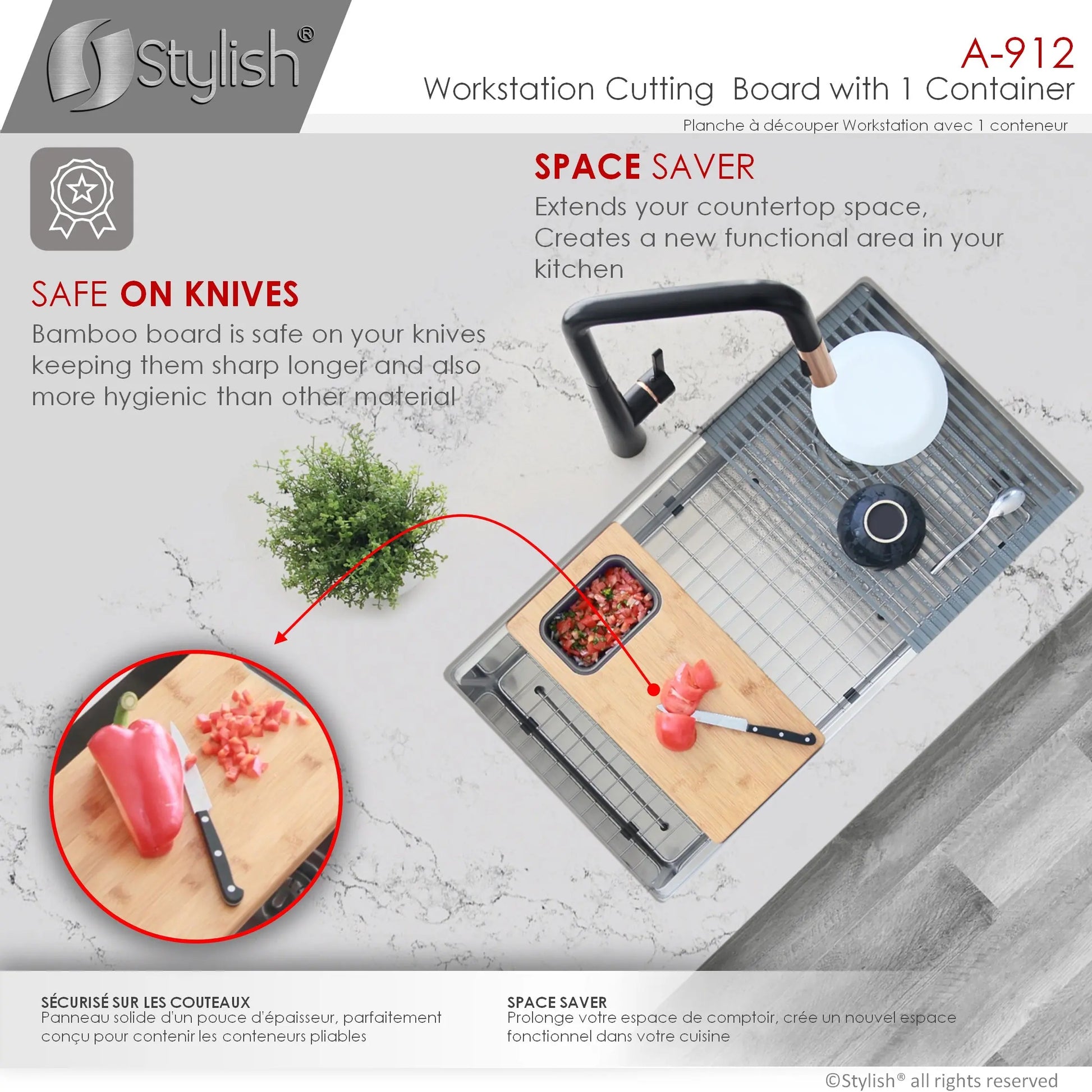 AZUNI 17 inch Workstation Sink Bamboo Cutting Board set with 1 Collapsible Container  A-912 - Plumbing Market