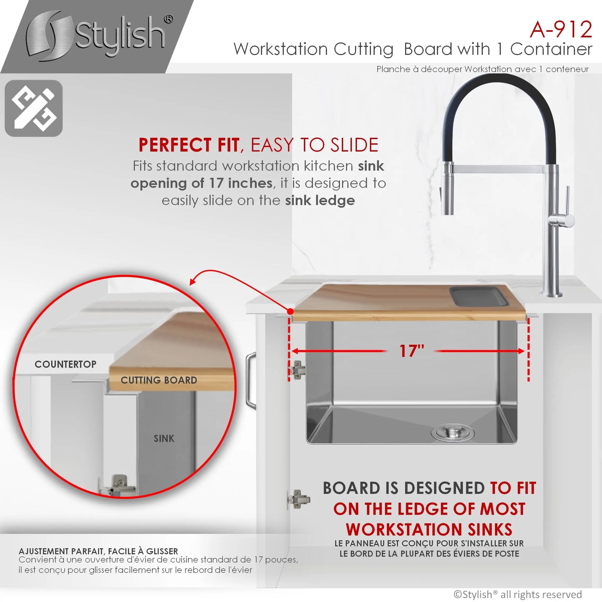 AZUNI 17 inch Workstation Sink Bamboo Cutting Board set with 1 Collapsible Container  A-912 - Plumbing Market