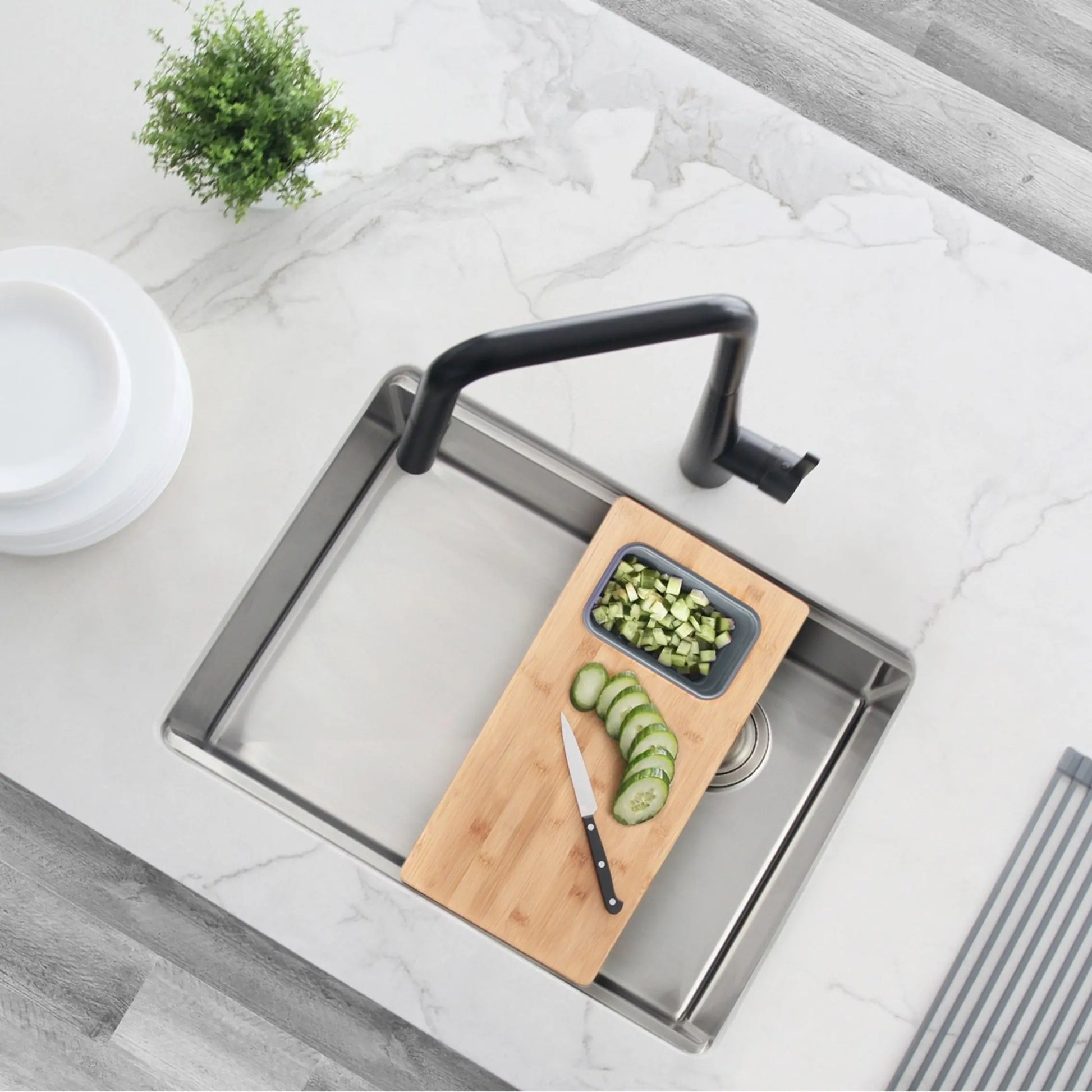 AZUNI 17 inch Workstation Sink Bamboo Cutting Board set with 1 Collapsible Container  A-912 - Plumbing Market