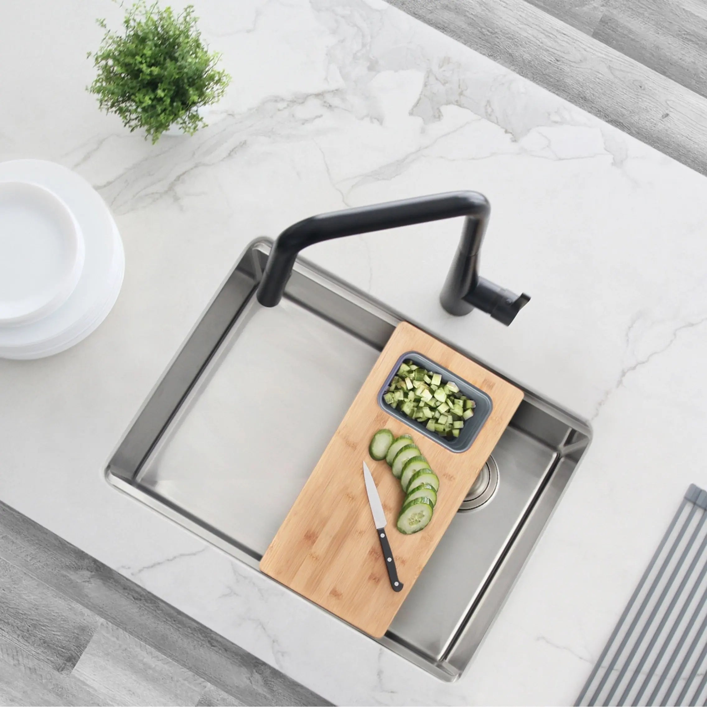 AZUNI 17 inch Workstation Sink Bamboo Cutting Board set with 1 Collapsible Container  A-912 - Plumbing Market