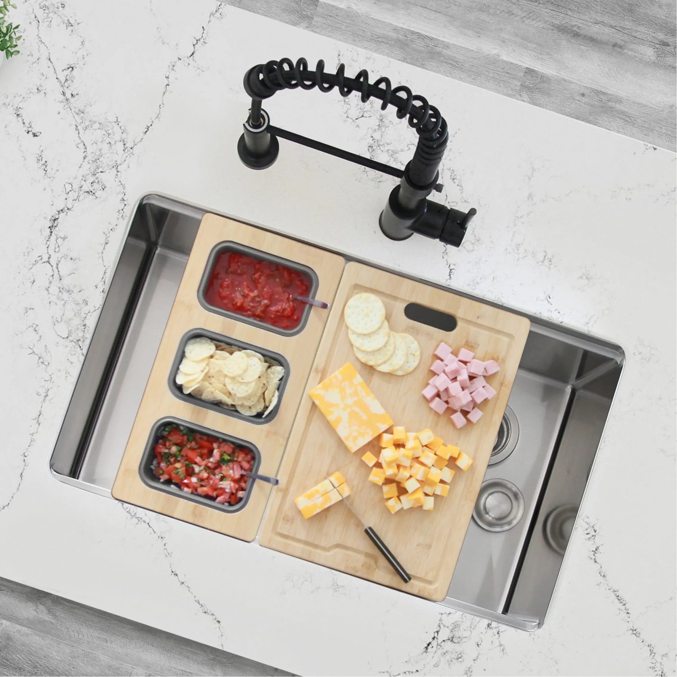 AZUNI 17 inch Workstation Sink Bamboo Serving Board set with 3 Collapsible Containers  A-908 - Plumbing Market