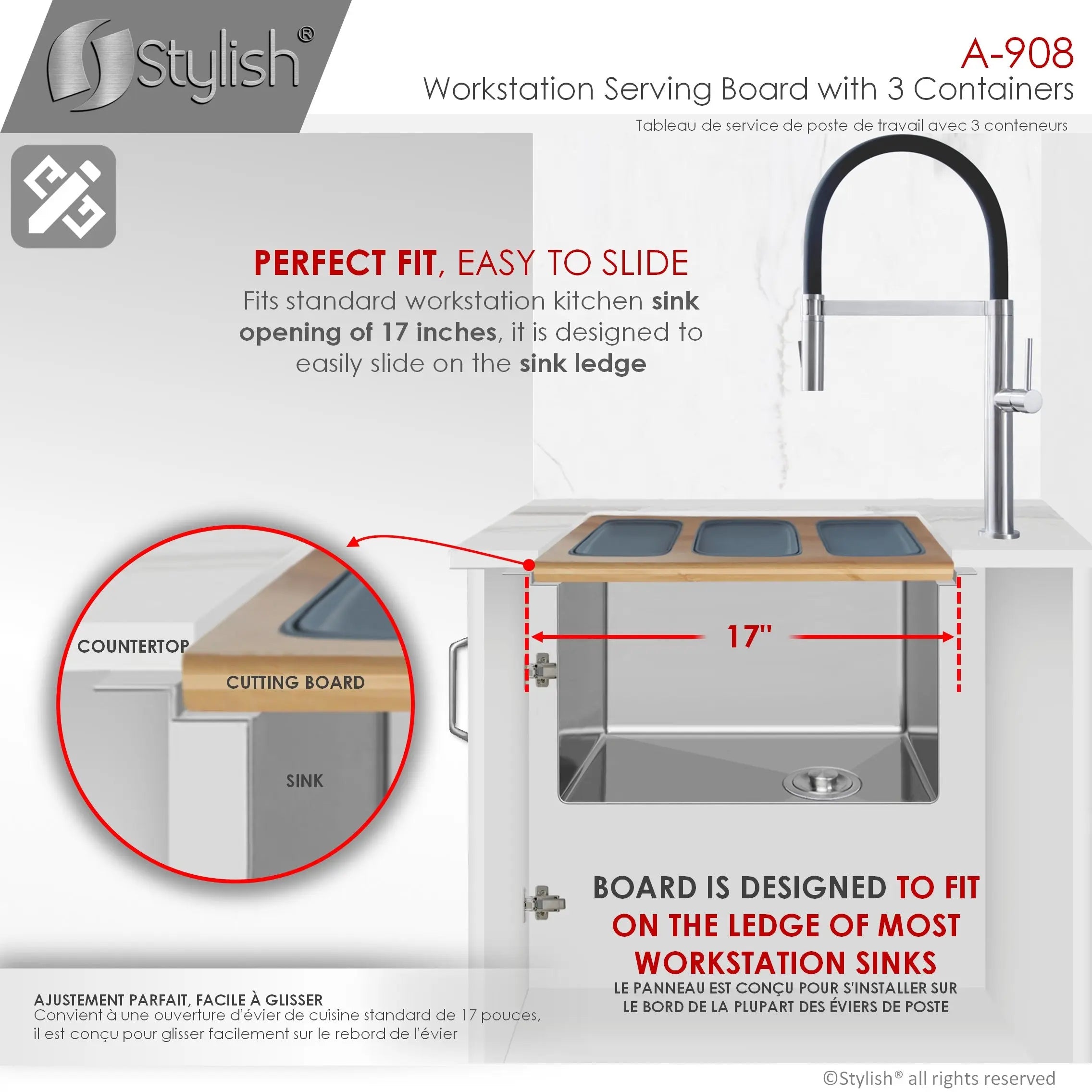 AZUNI 17 inch Workstation Sink Bamboo Serving Board set with 3 Collapsible Containers  A-908 - Plumbing Market