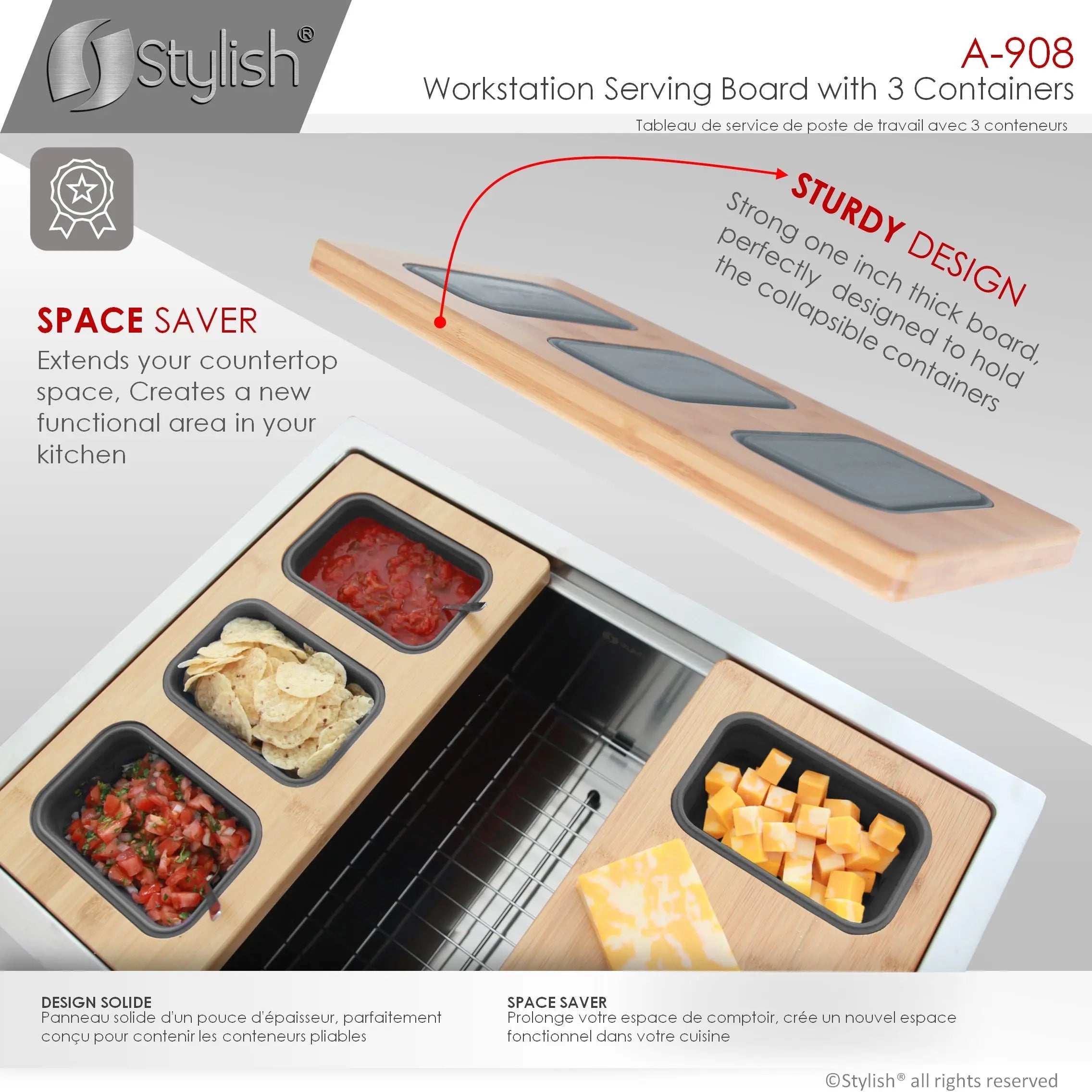 AZUNI 17 inch Workstation Sink Bamboo Serving Board set with 3 Collapsible Containers  A-908 - Plumbing Market