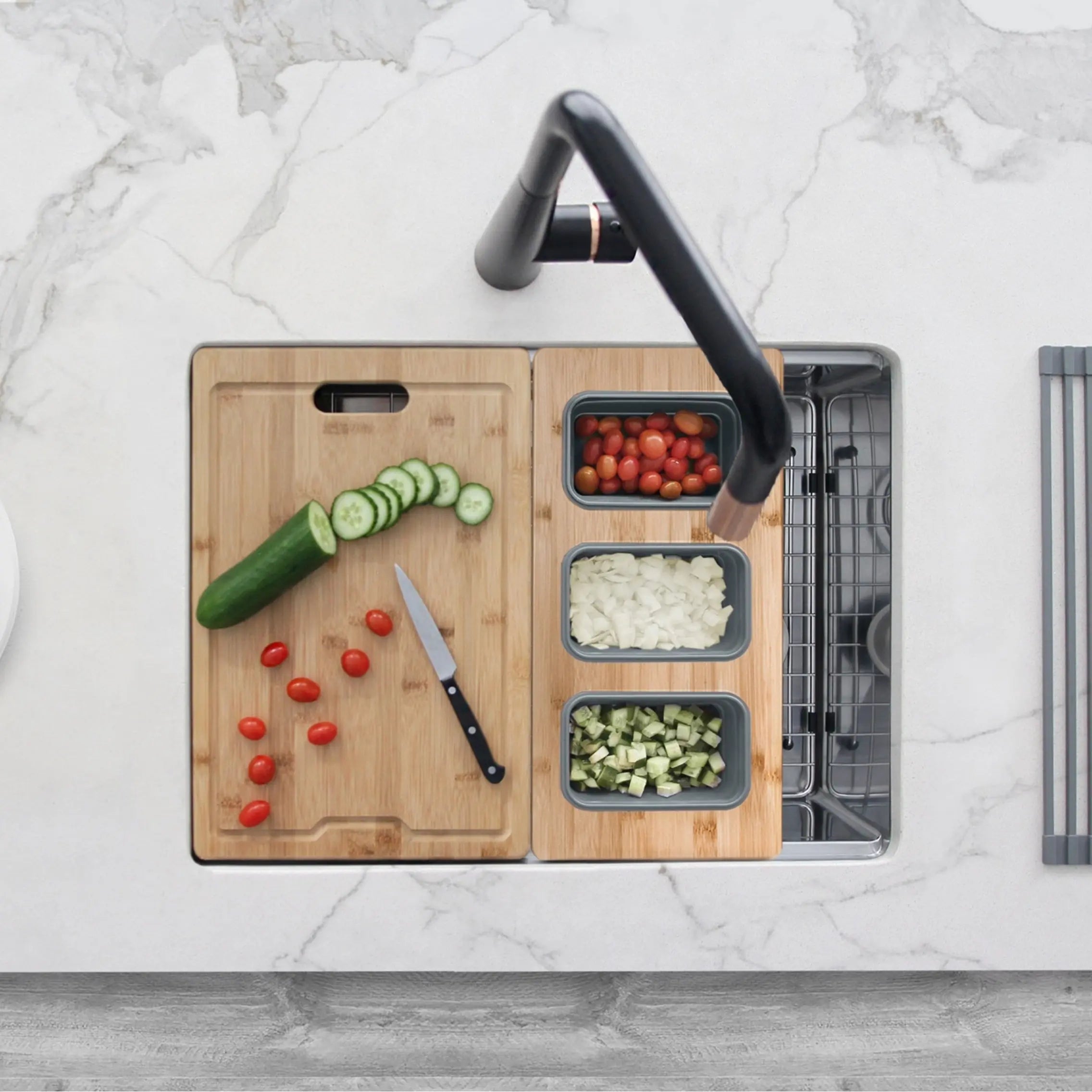 AZUNI 17 inch Workstation Sink Bamboo Serving Board set with 3 Collapsible Containers  A-908 - Plumbing Market