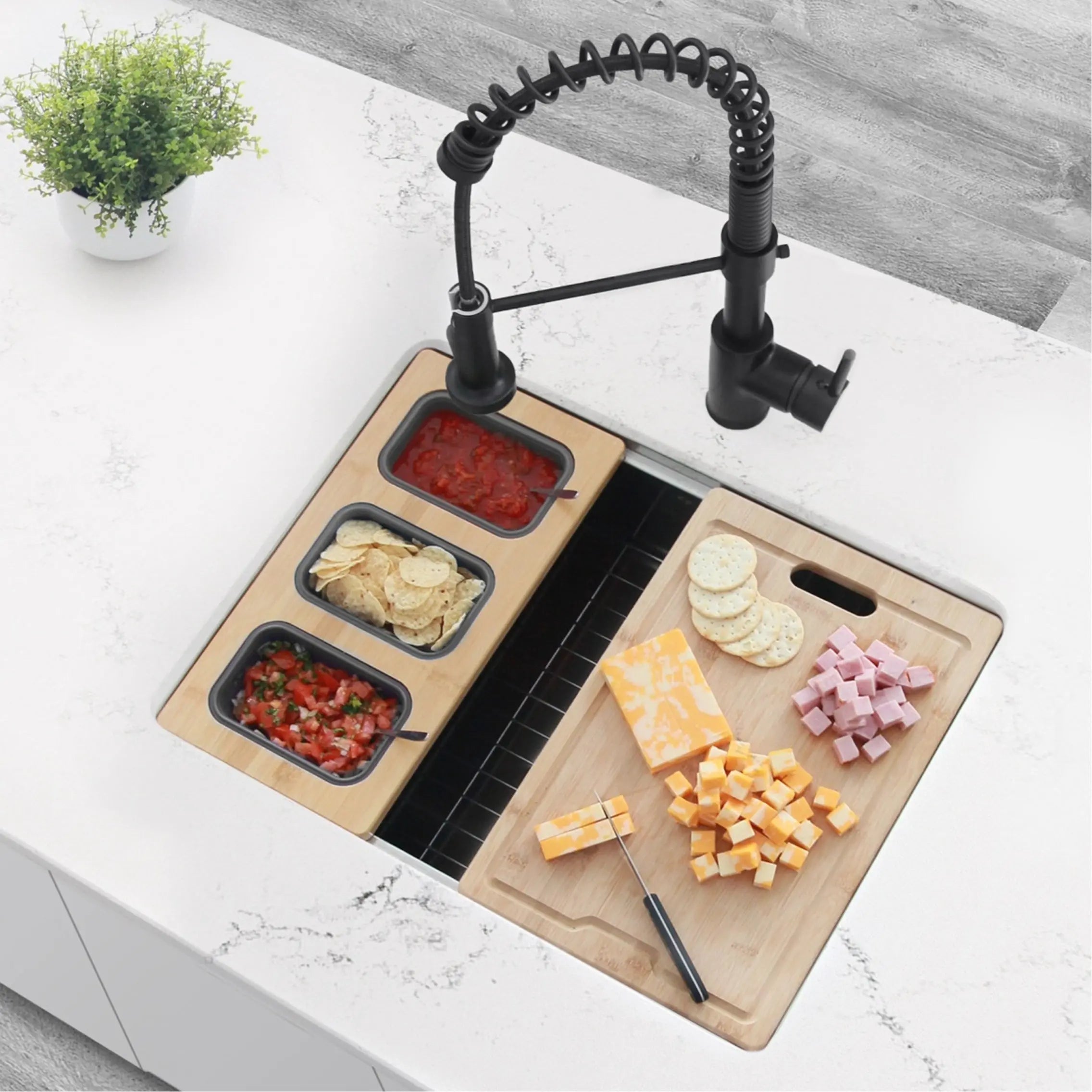 AZUNI 17 inch Workstation Sink Bamboo Serving Board set with 3 Collapsible Containers  A-908 - Plumbing Market