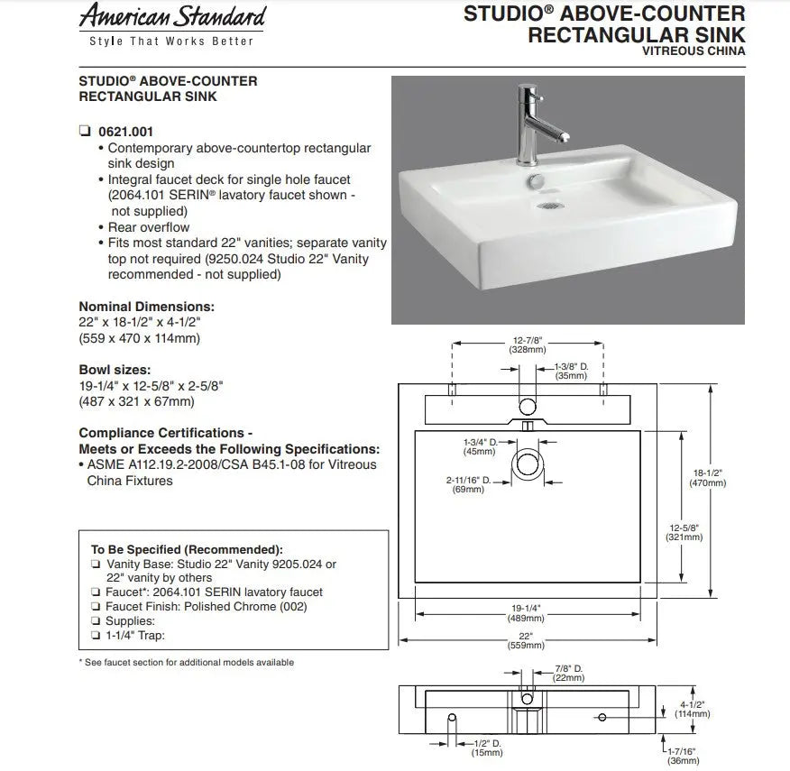 American Standard Studio 22 x 18-1/2-Inch Above Counter Sink With Center Hole Only American Standard