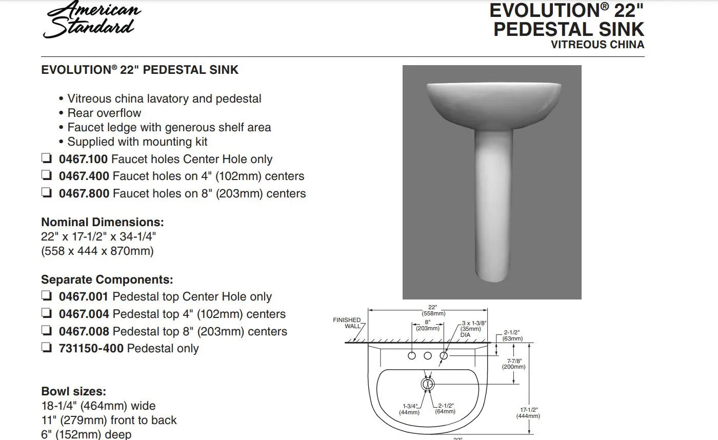 American Standard 24 Inch Evolution Center Hole Pedestal Sink Top - Plumbing Market