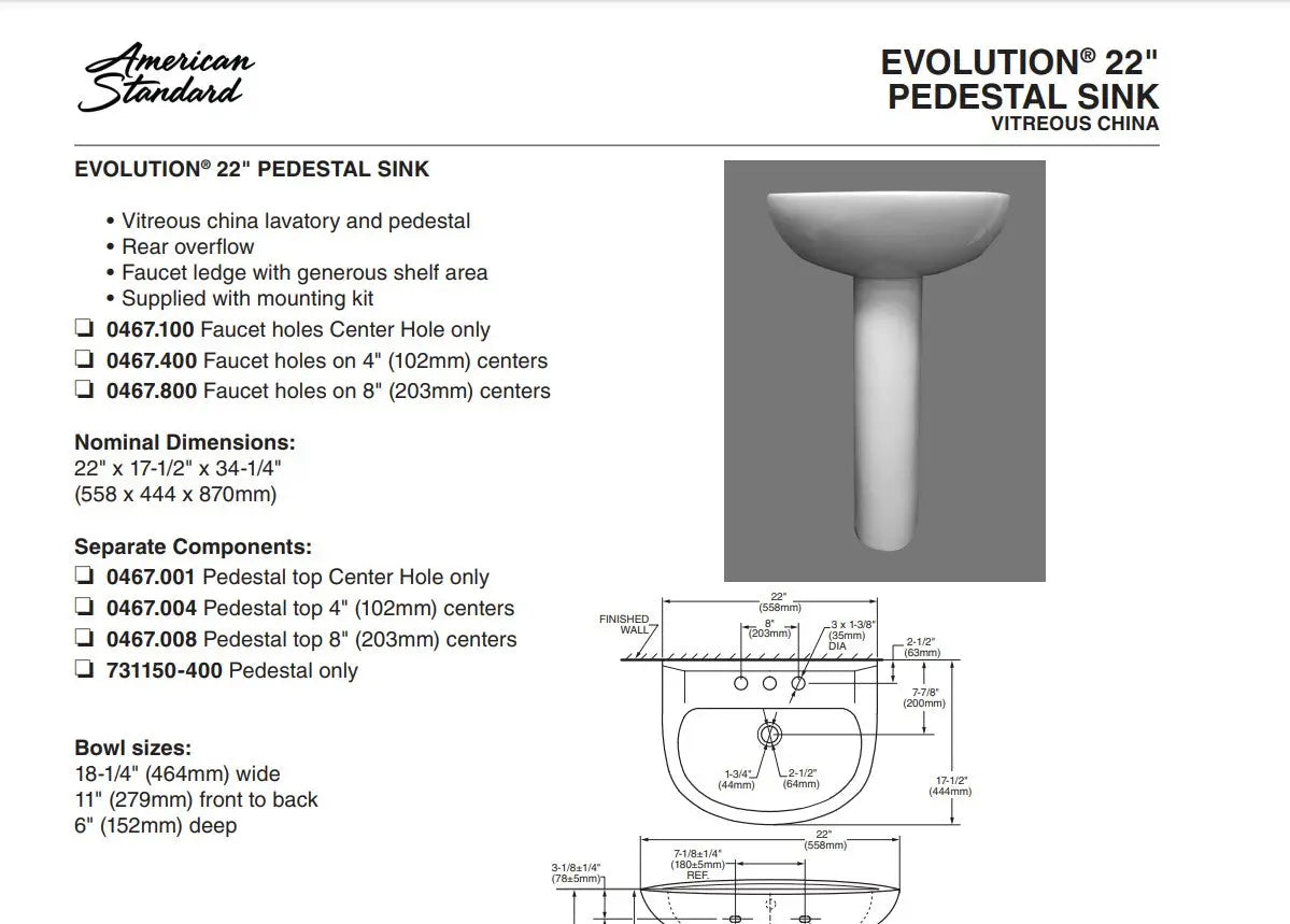 American Standard 24-Inch Evolution Center Hole Pedestal Sink (Sink Only) - Plumbing Market