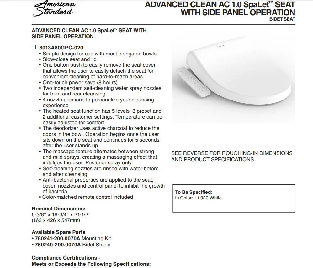 American Standard Advanced Clean 1.0 Electric SpaLet Bidet Seat With Side Panel Operation - Plumbing Market