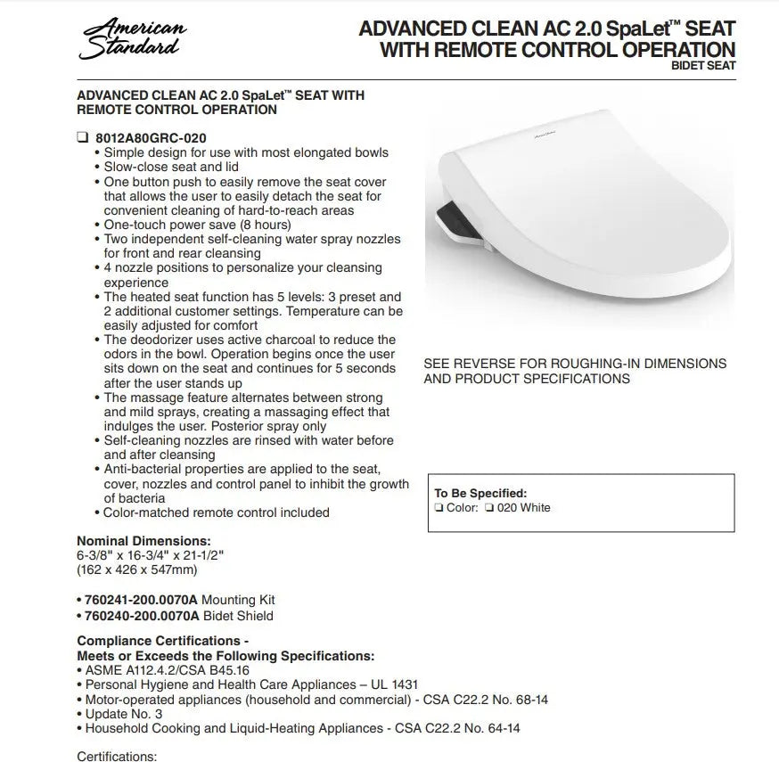 American Standard Advanced Clean 2.0 Electric SpaLet Bidet Seat With Remote Operation - Plumbing Market