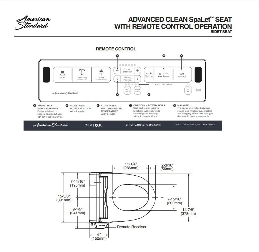 American Standard Advanced Clean 2.0 Electric SpaLet Bidet Seat With Remote Operation - Plumbing Market