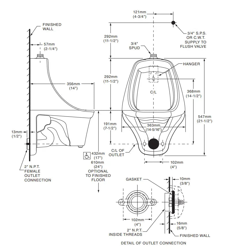 American Standard Allbrook 0.5 – 1.0 gpf (1.9 – 3.8 Lpf) Top Spud Siphon Jet Urinal White - Plumbing Market