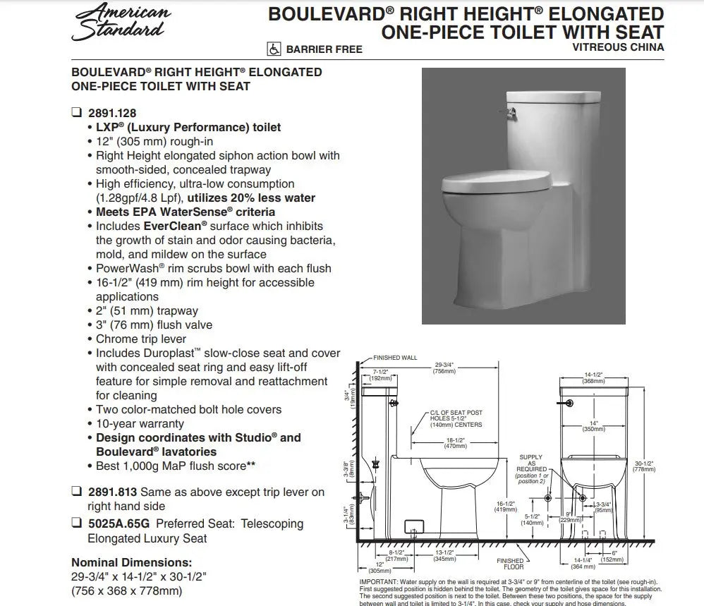 American Standard Boulevard 1.28 gpf One Piece Elongated Toilet With Seat - Plumbing Market