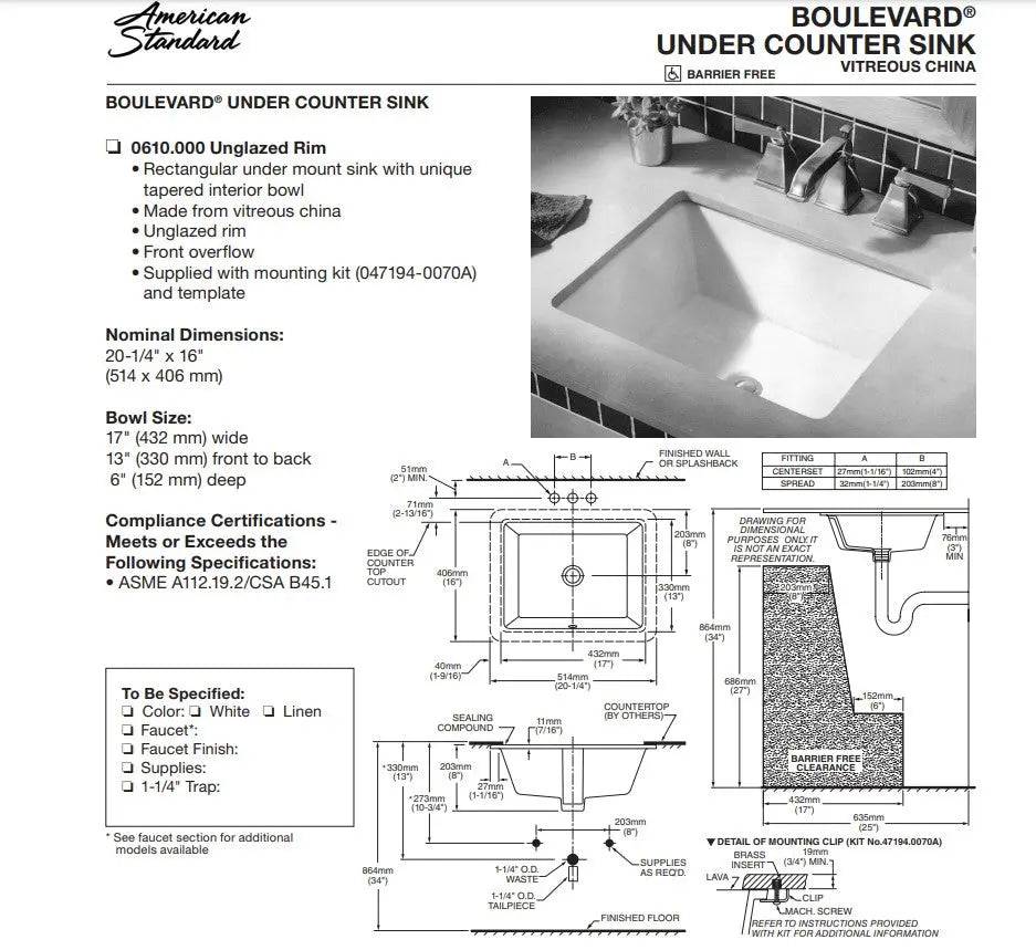 American Standard Boulevard Under Counter Sink - Plumbing Market