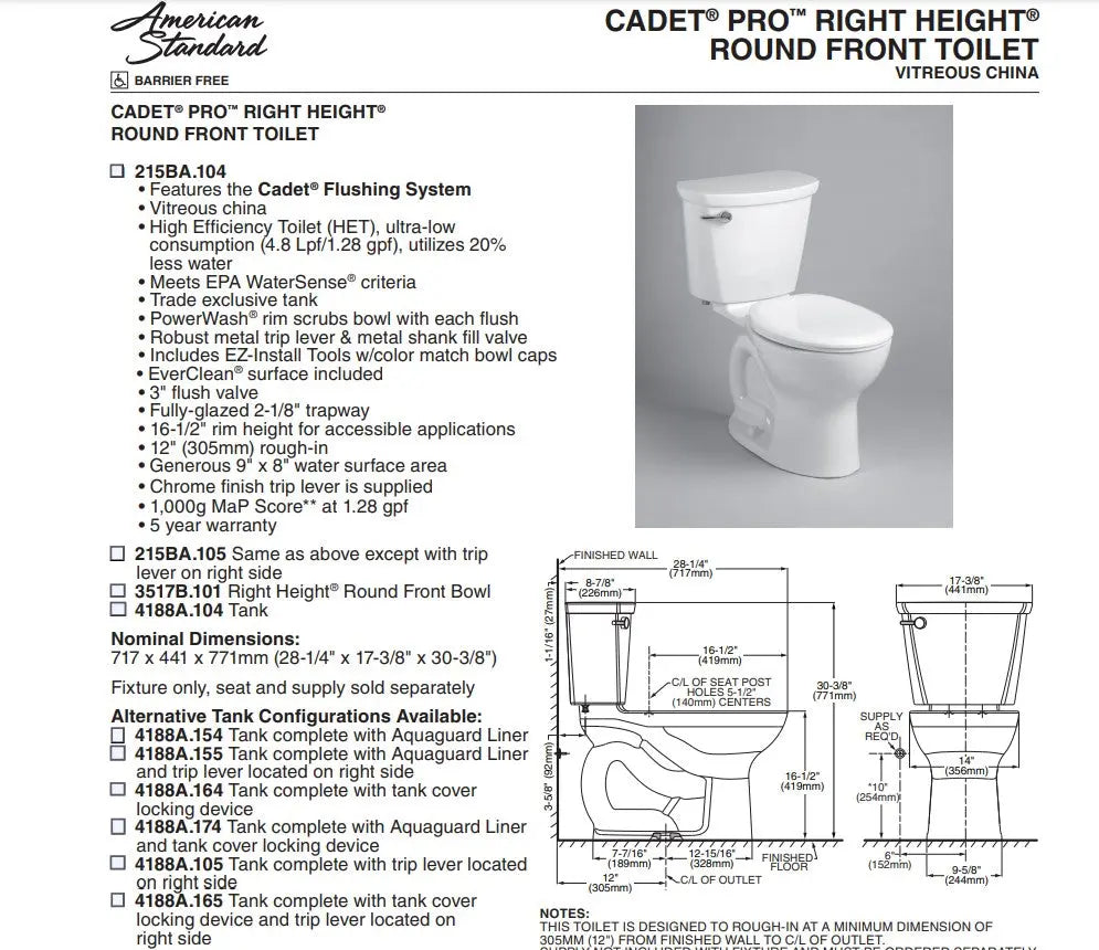 American Standard Cadet PRO 1.28 Round Front Toilet Less Seat - Plumbing Market