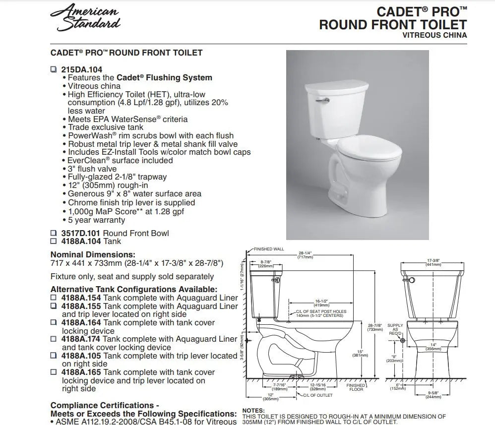 American Standard Cadet PRO 1.28 gpf Round Front Toilet Less Seat - Plumbing Market