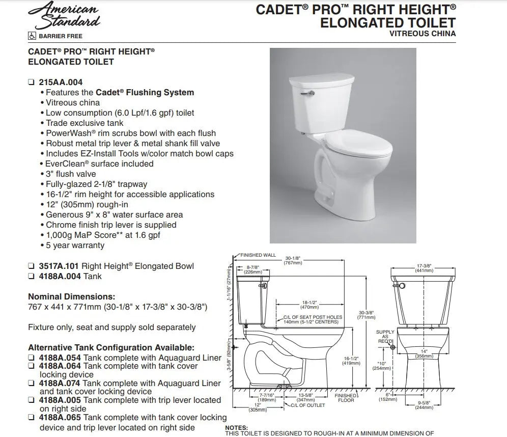 American Standard Cadet PRO 1.6 Chair Height Elongated Toilet Less Seat - Plumbing Market