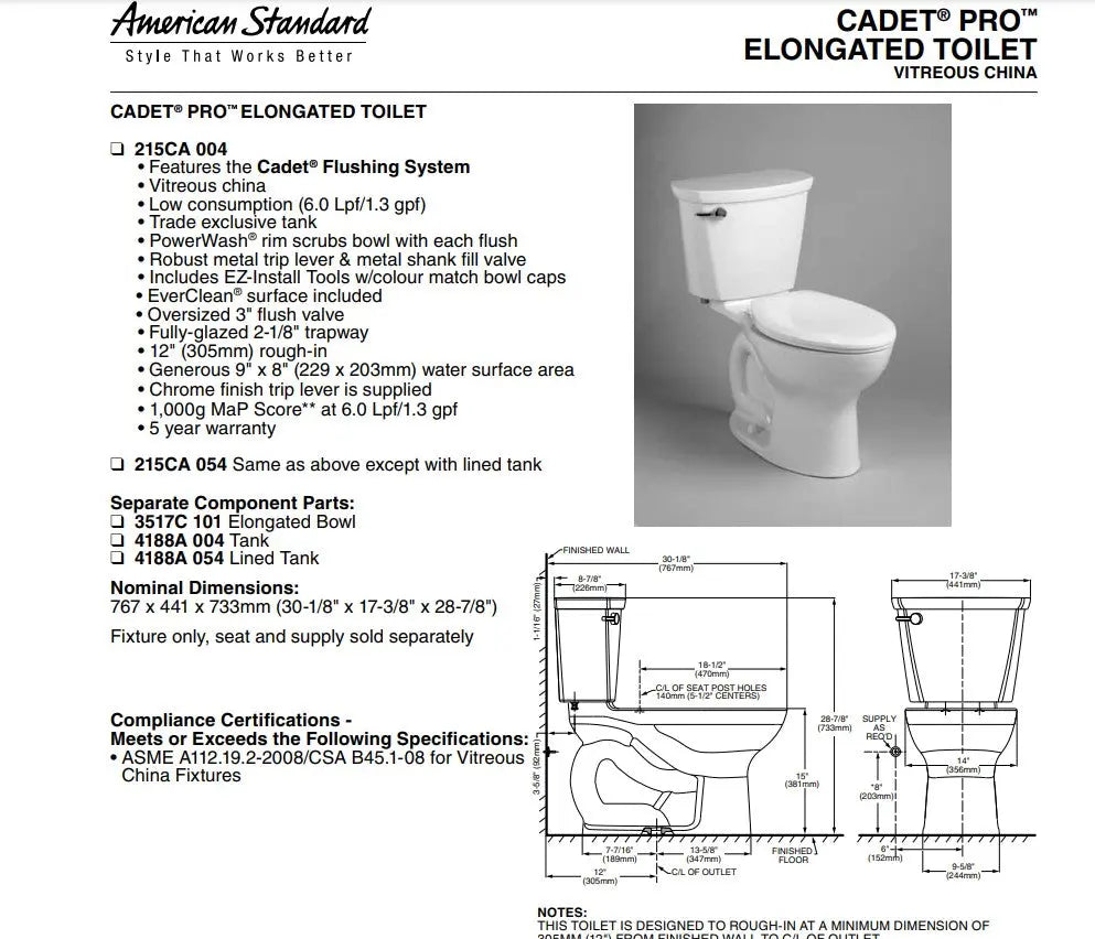 American Standard Cadet PRO Two-Piece 1.6 gpf/6.0 Lpf Standard Height Round Front Toilet Less Seat - Plumbing Market