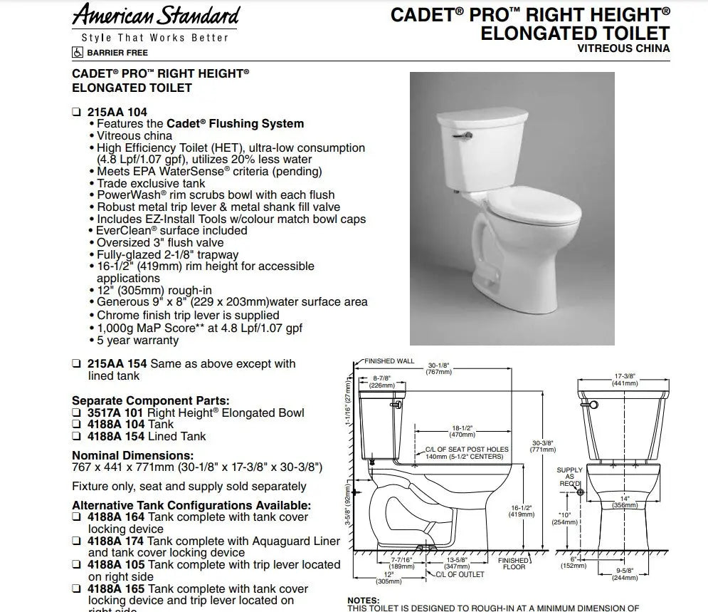 American Standard Cadet Pro 1.28 Lined Elongated Toilet Less Seat - Plumbing Market