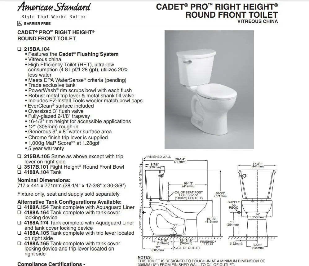 American Standard Cadet Pro 1.28 Lined Round Front Toilet Less Seat - Plumbing Market