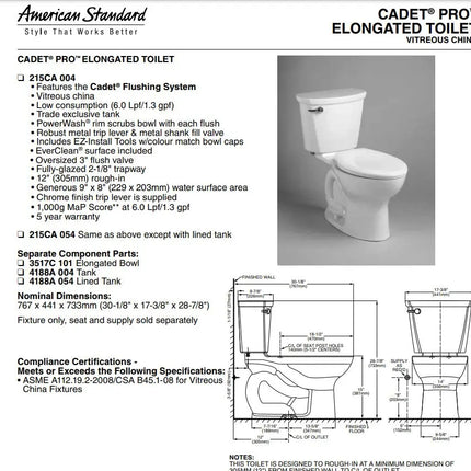 American Standard Cadet Pro Two-Piece 1.6 gpf/6.0 Lpf Standard Height Elongated Toilet Less Seat with Lined Tank - Plumbing Market