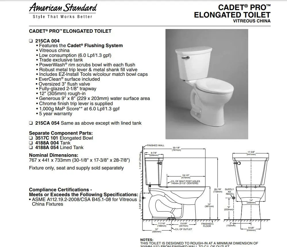 American Standard Cadet Pro Two-Piece 1.6 gpf/6.0 Lpf Standard Height Elongated Toilet Less Seat with Lined Tank - Plumbing Market