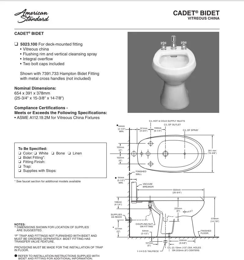 American Standard Cadet Three Hole Deck Mount Bidet Bowl - Plumbing Market