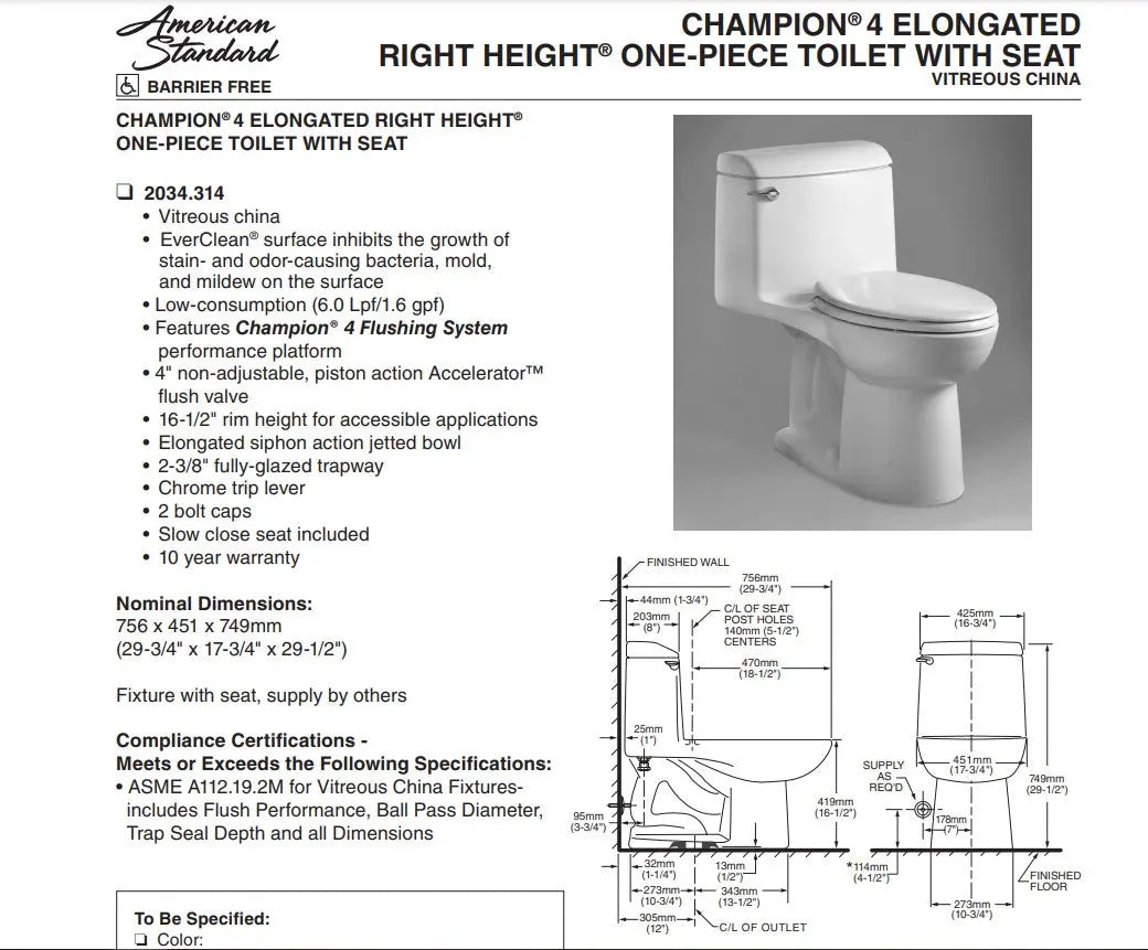 American Standard Champion 4 1.6 gpf Chair Height Elongated Toilet With Seat - Plumbing Market