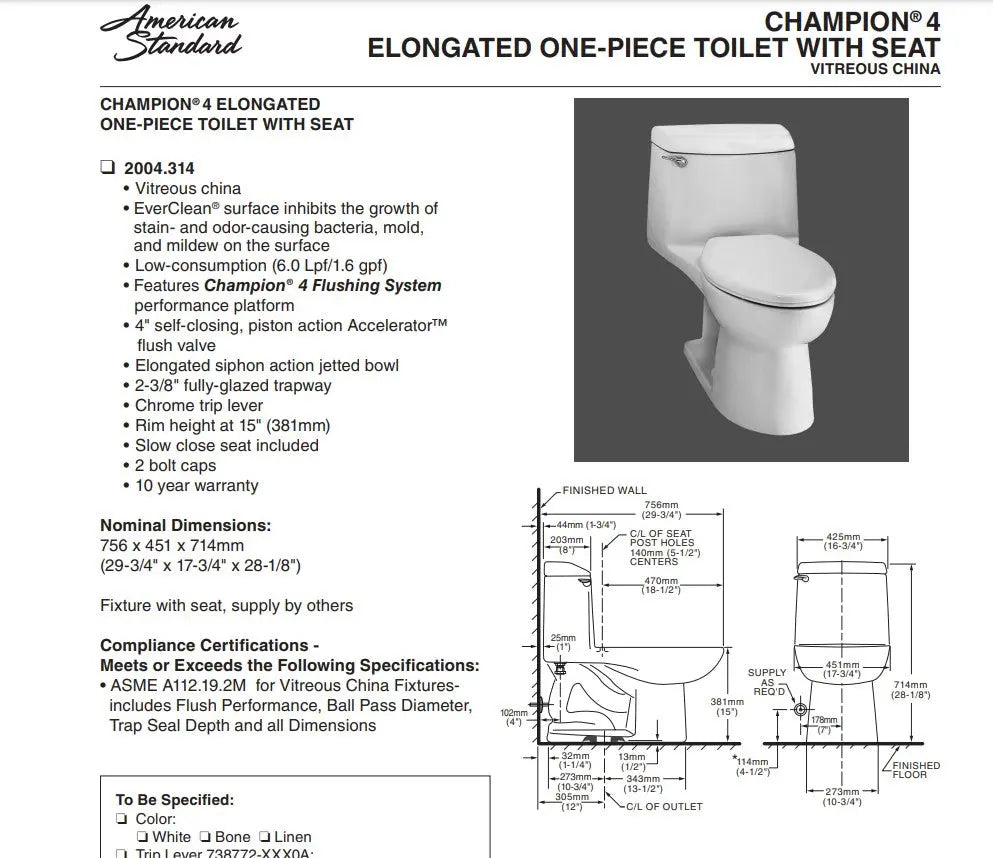 American Standard Champion 4 1.6 gpf Elongated Toilet - Plumbing Market