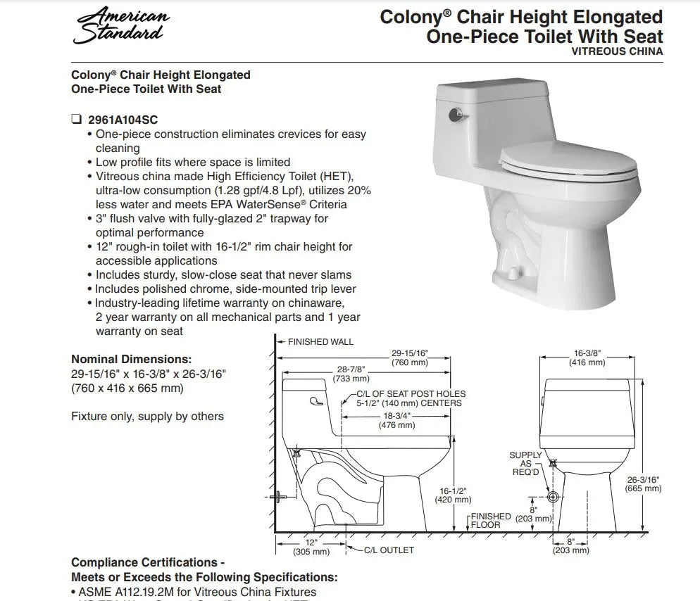 American Standard Colony 1.28 Elongated Toilet With Seat - Plumbing Market