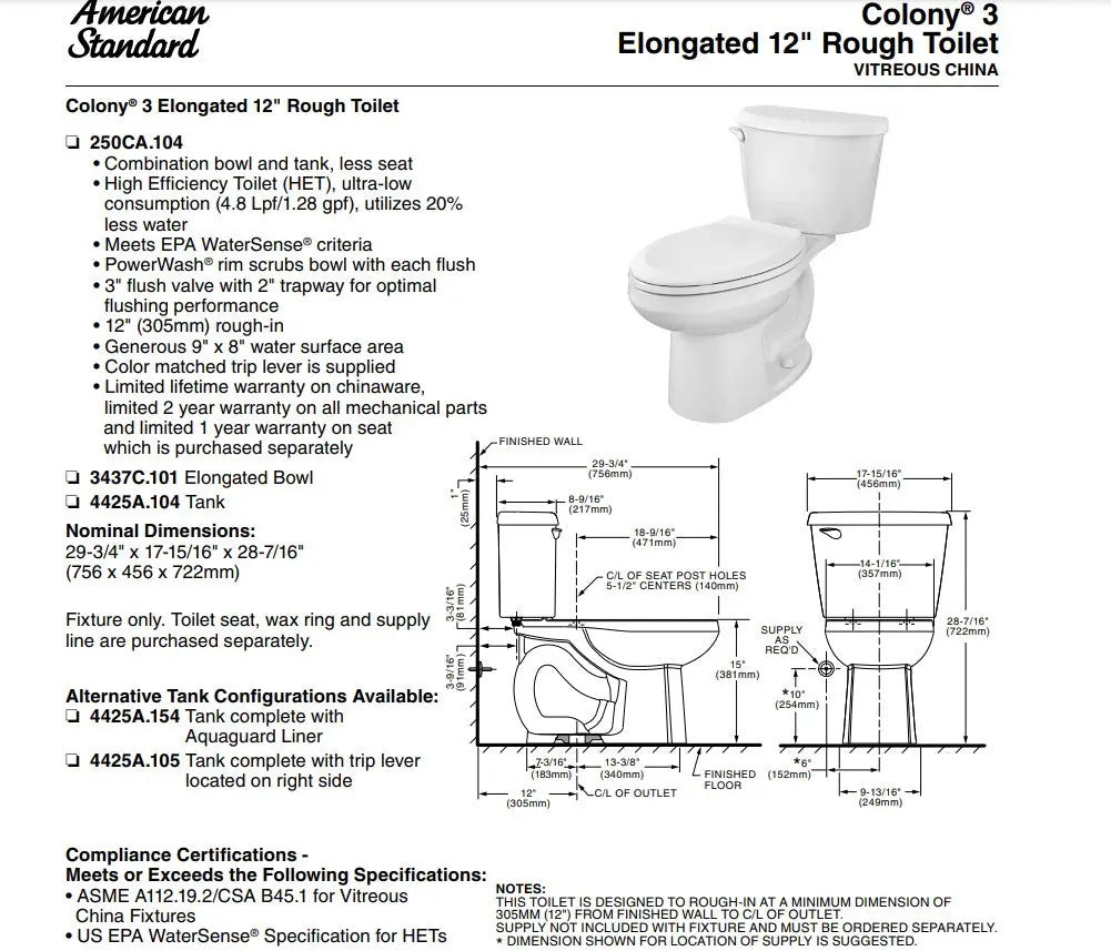 American Standard Colony 3 1.28 Elongated Toilet Less Seat - Plumbing Market