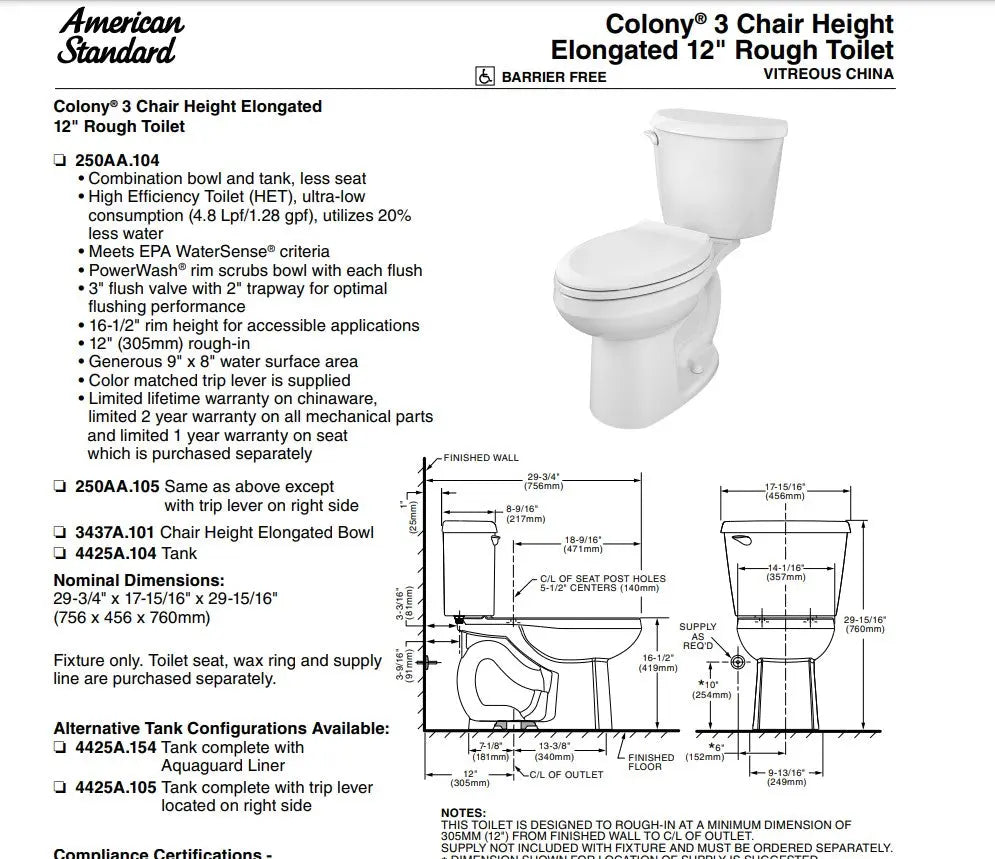 American Standard Colony 3 1.28 gpf Chair Height Elongated Toilet Less Seat - Plumbing Market