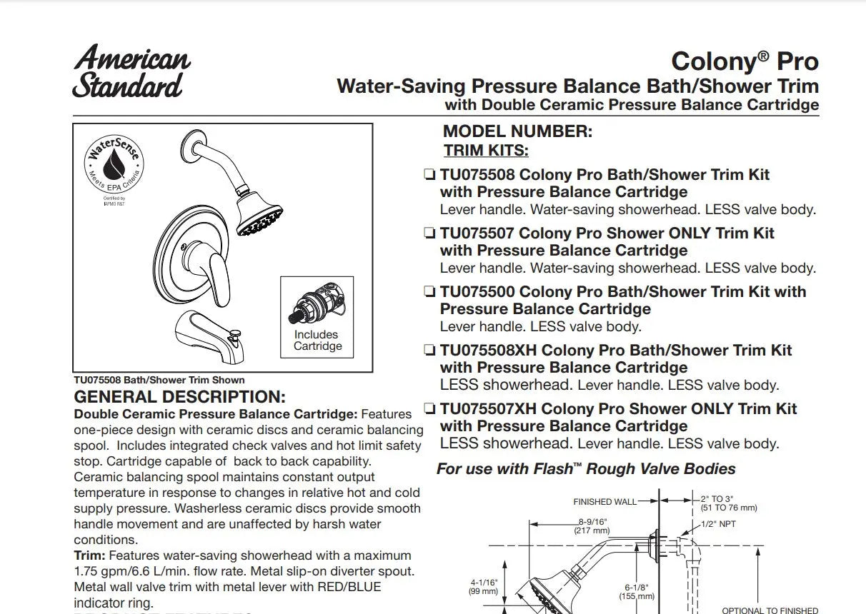 American Standard Colony PRO 1.75 gpm 6.6 L min Shower Trim Kit - Plumbing Market
