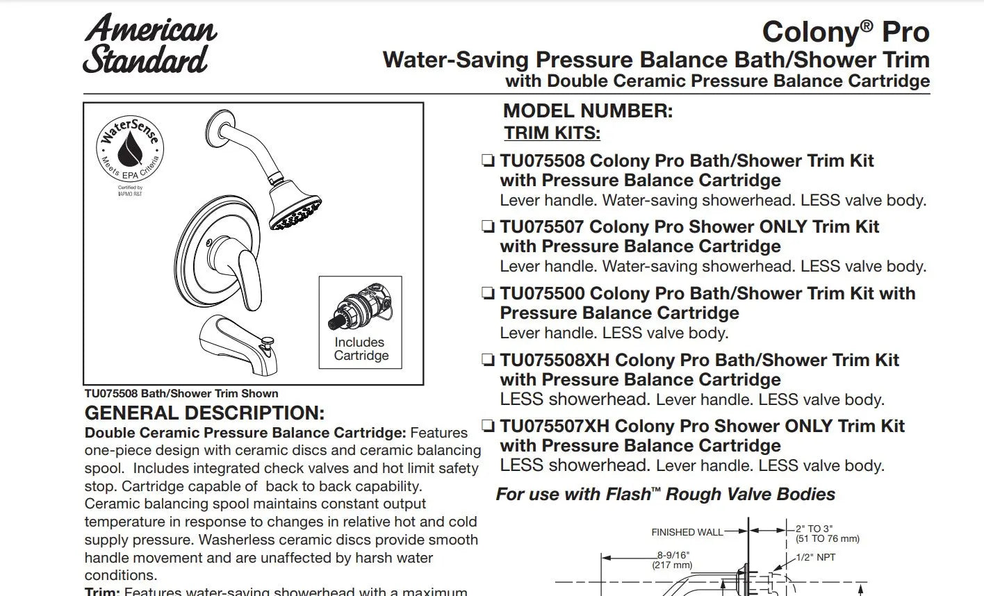 American Standard Colony PRO 1.75 gpm/6.6 L/min Tub and Shower Trim Kit - Plumbing Market