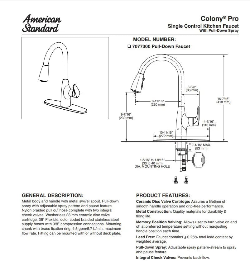 American Standard Colony Pro Single Handle Kitchen Faucet - Plumbing Market