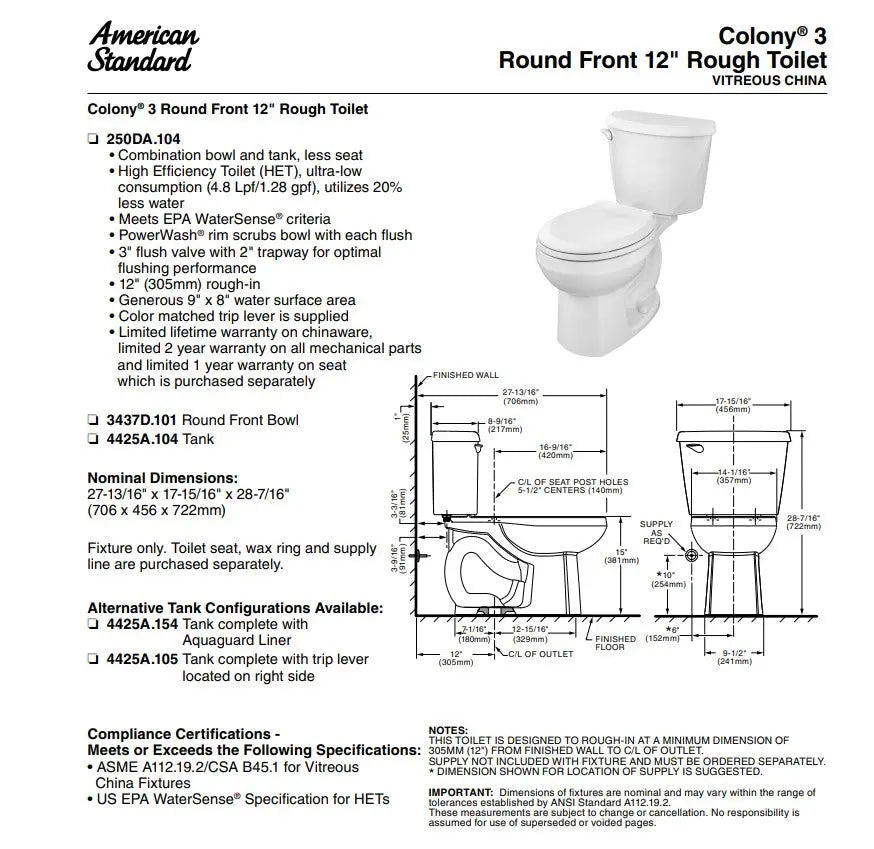 American Standard Colony3 Two-Piece 1.28 Round Toilet Less Seat - Plumbing Market