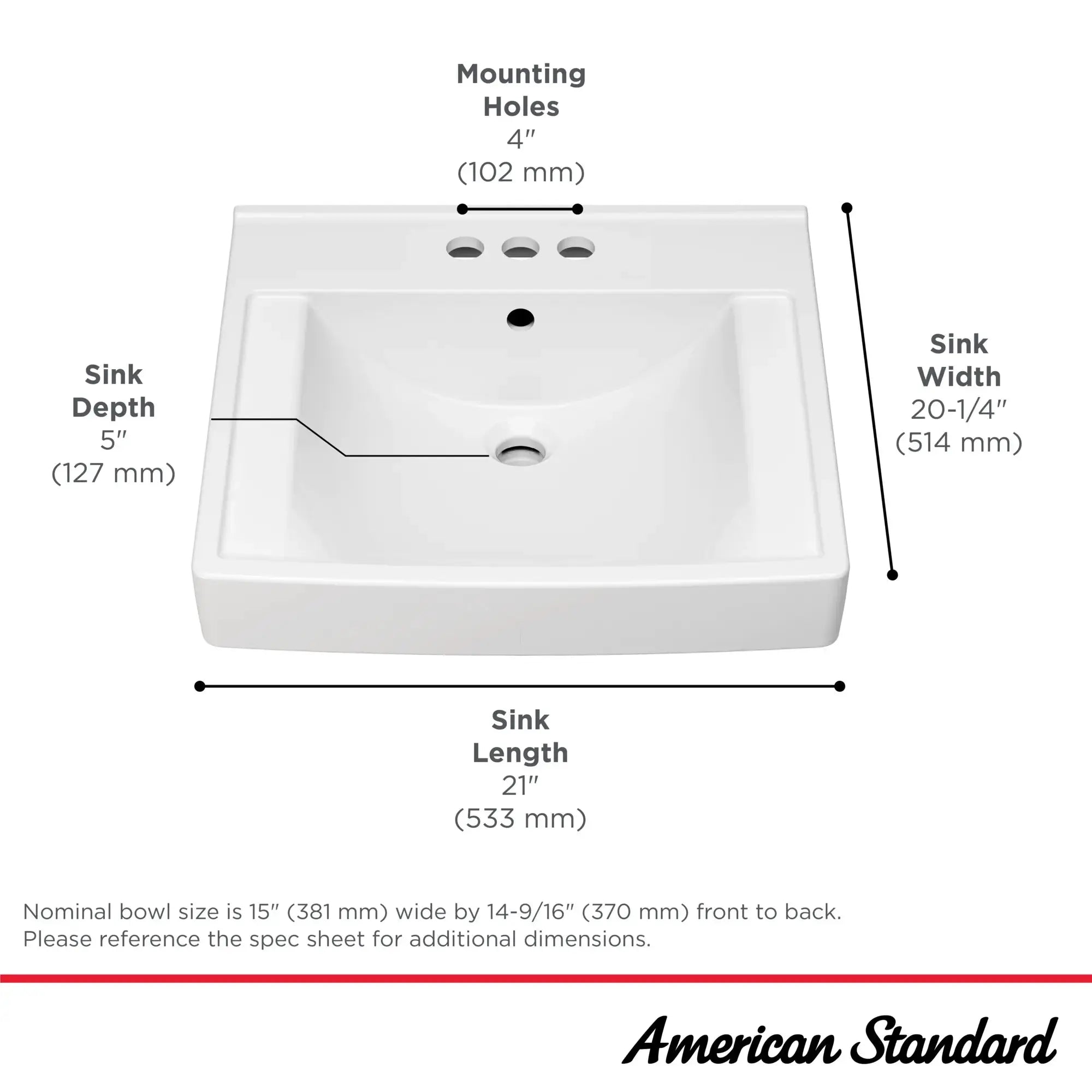 American Standard Decorum 21 x 20-1/4-Inch (533 x 514 mm) Wall-Hung EverClean Sink With 4-Inch Centerset - Plumbing Market