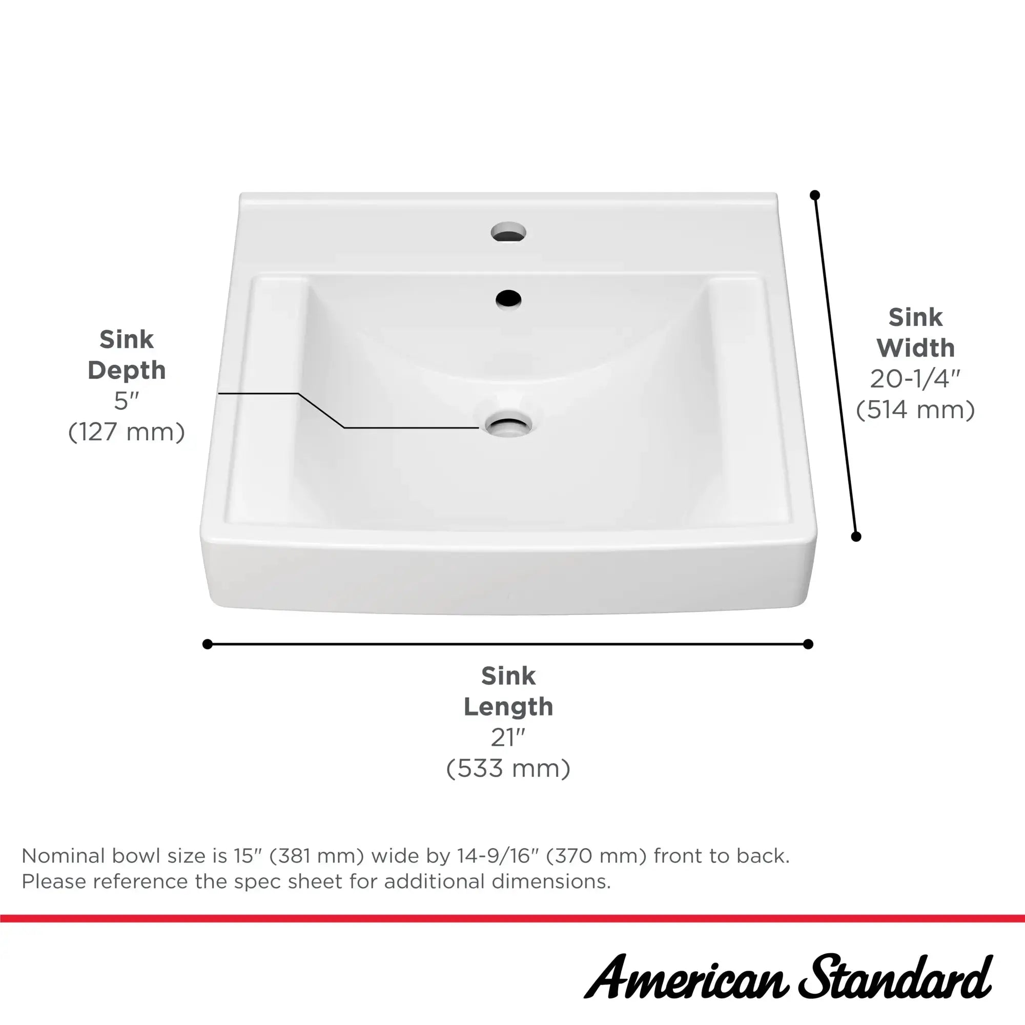 American Standard Decorum 21 x 20-1/4-Inch (533 x 514 mm) Wall-Hung EverClean Sink With Center Hole Only - Plumbing Market