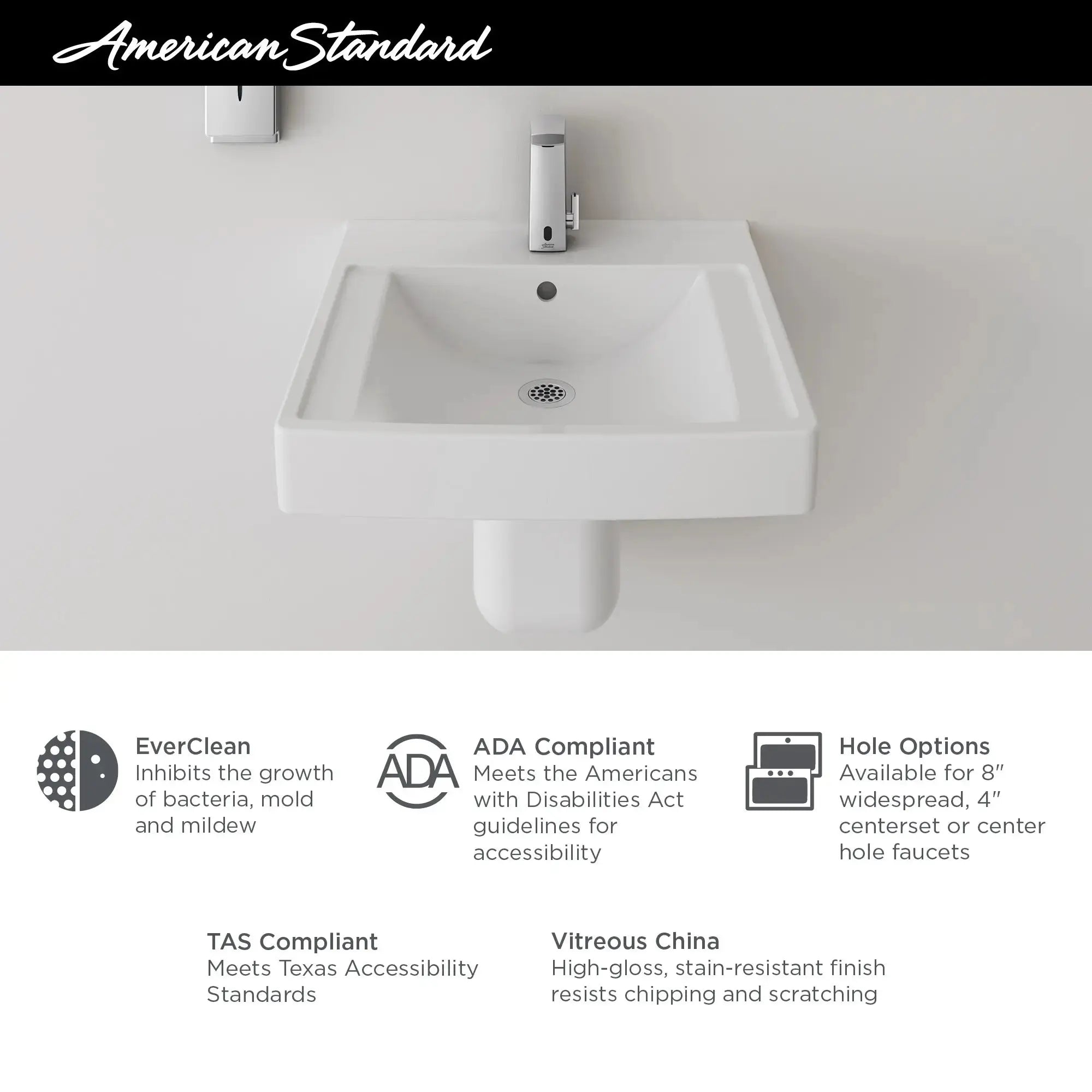 American Standard Decorum 21 x 20-1/4-Inch (533 x 514 mm) Wall-Hung EverClean Sink With Center Hole Only - Plumbing Market