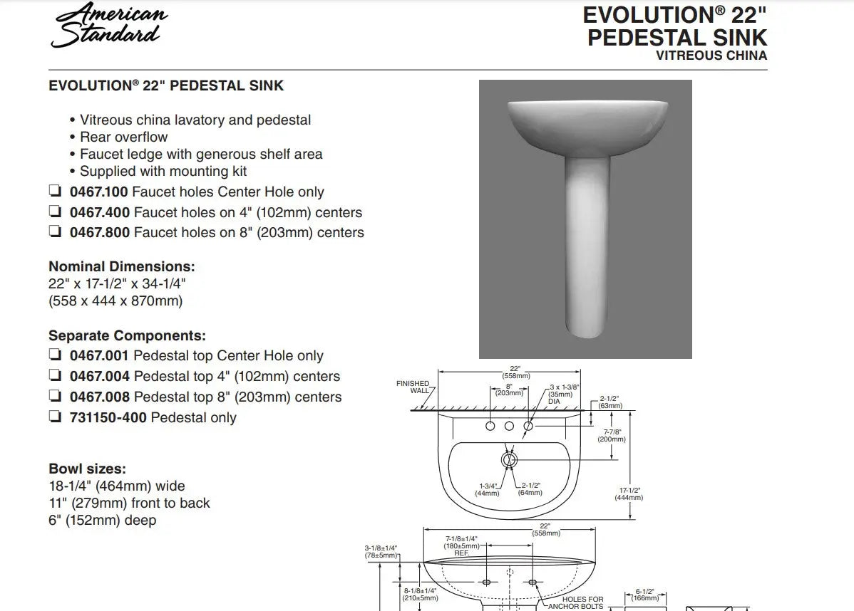 American Standard Evolution Pedestal Leg - Plumbing Market