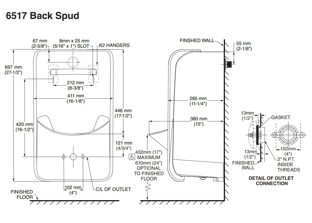 American Standard Greenbrook 0.125 – 0.5 gpf (0.47 – 1.9 Lpf) Back Spud Urinal with EverClean - Plumbing Market