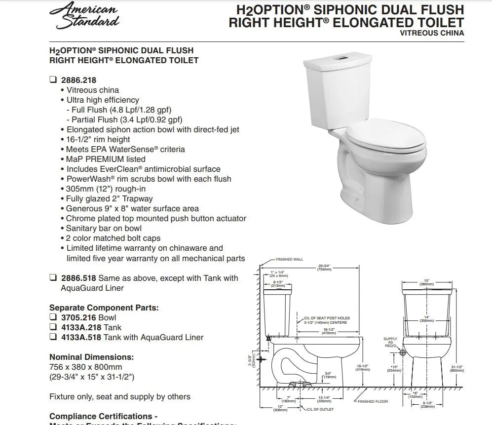 American Standard H2Option 1.28 Elongated Toilet Less Seat - Plumbing Market