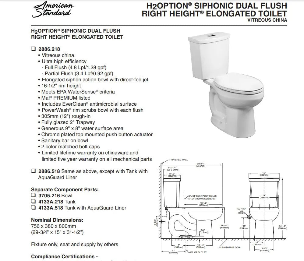 American Standard H2Option 1.28 Lined Elongated Toilet Less Seat - Plumbing Market